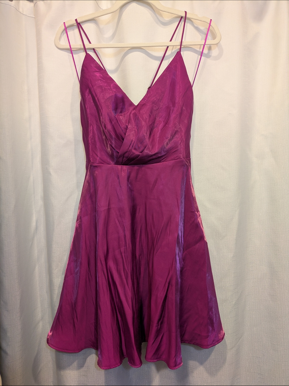 Fashion Nova Magenta Satin V-Neck Double Strap Mini Dress